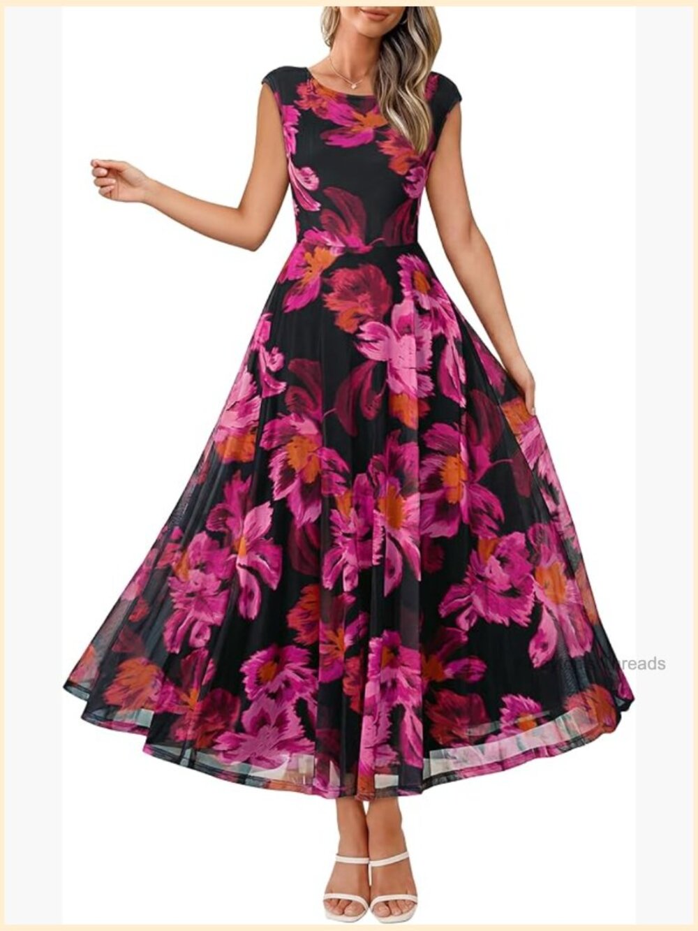 Floral Mesh Maxi Dress - Cap Sleeve Crewneck Flowy A-Line Summer Wedding Guest